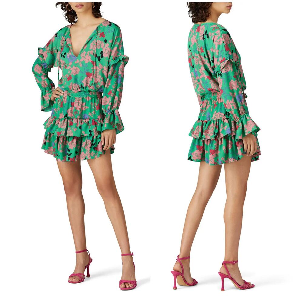 MISA Los Angeles Amalya Dress Medium Green Pink Floral Ruffle Mini Long Sleeve